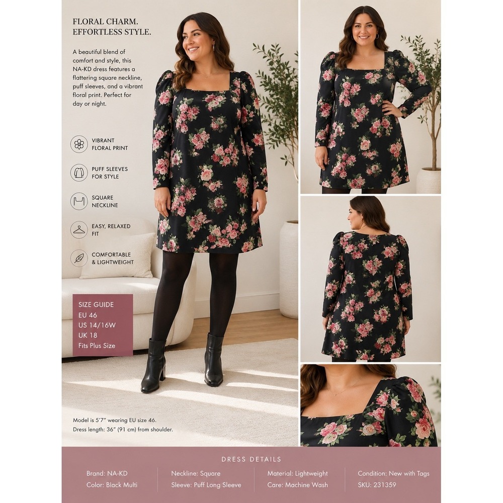 NA-KD Floral Mini Dress Womens 14/16 Black Pink NWT Square Neck Puff Sleeve
